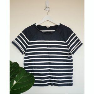 Navy Blue and White Striped Jersey Knit T-Shirt